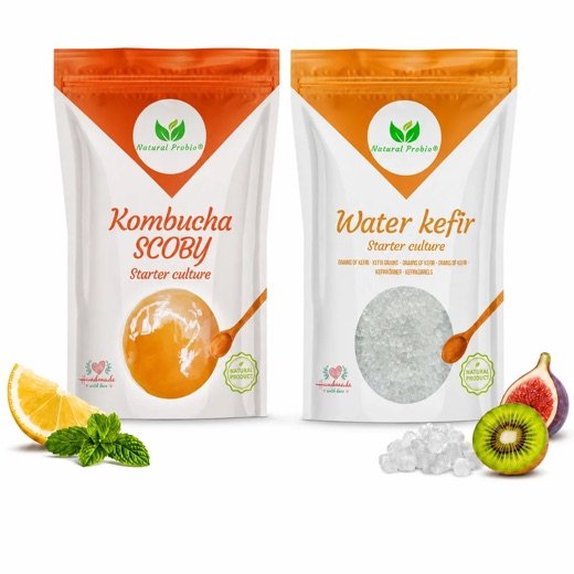Natural Probio duo: a pouch of water kefir grains and a pouch of kombucha SCOBY